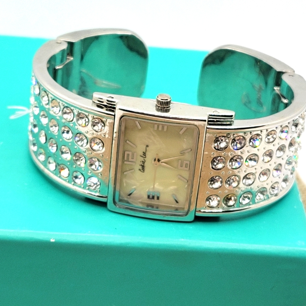 COOKIE LEE BANGLE WATCH MOTHER PEARL DIAL AND CRYSTAL ON BAND